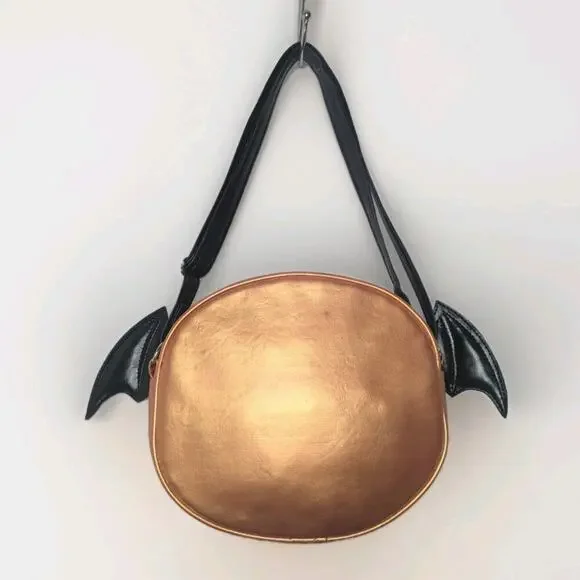 Love Pain & Stitches Metallic Gold Orange Pumpkin Head Face Bat Wings Purse Bag - Picture 3 of 9